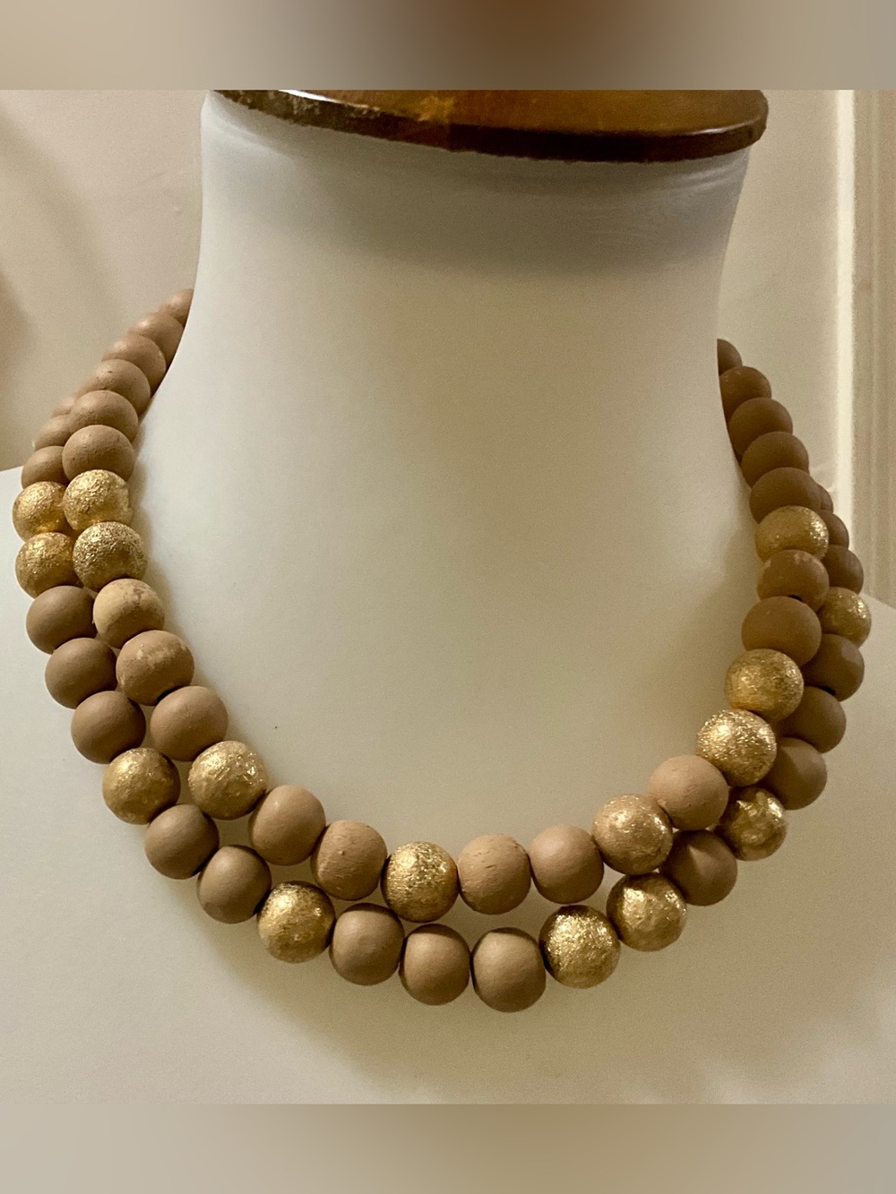 Double Strand Wood Bead Statement Necklace Tan Textured Gold Tone Boho Artisan